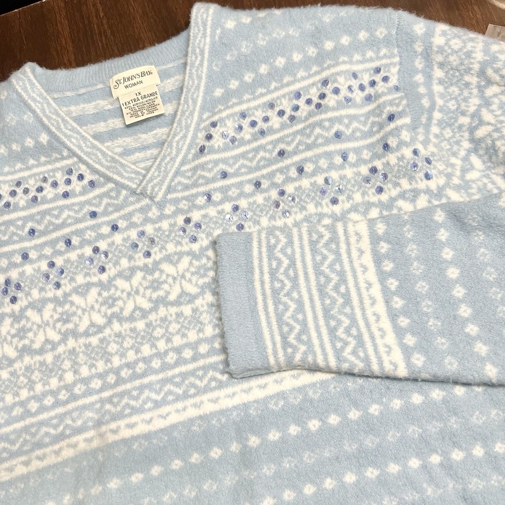 Vtg St Johns Bay Womens 1X Blue Fair Isle Wool Blend Sweater Embellished Fuzzy